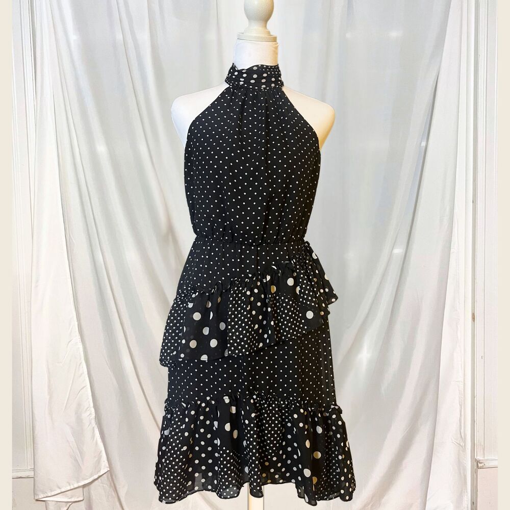 Betsey Johnson Black & White Polka Dot Halter Cocktail Dress | Semiformal Whimsy